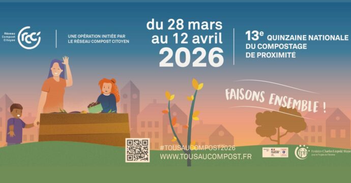 dessin tous au compost une famille avec deux enfants devant un composteur