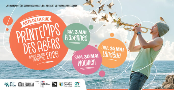 Annonce printemps des abers 2026 homme qui joue de la trompette avec des oiseaux et date de la programmation fond marin