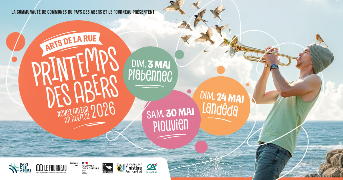 Annonce printemps des abers 2026 homme qui joue de la trompette avec des oiseaux et date de la programmation fond marin