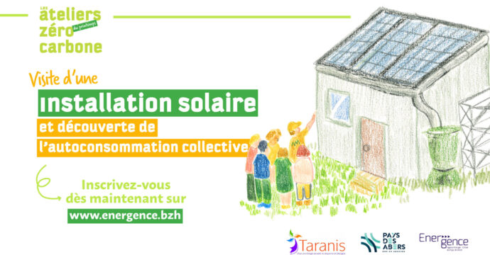 atelier solaire dessin d'une maison avec groupe de personnes devant regardant les panneaux photovoltaiques