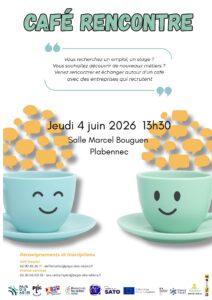 affiche du café rencontre du 4 juin 2026 avec deux tasses avec des smileys qui se regardent et parlent avec des bulles de bande dessinée au dessus de chacune