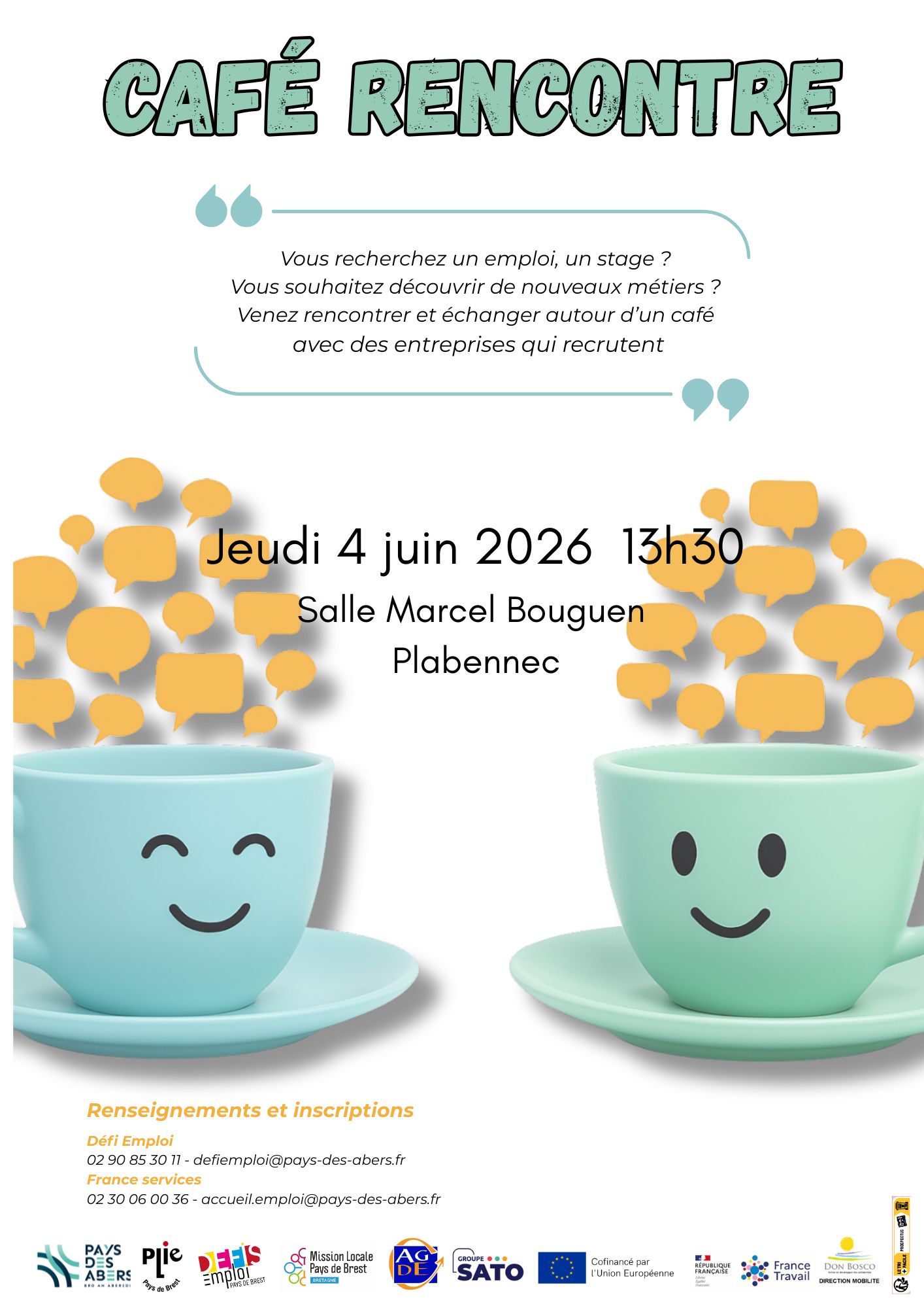 affiche du café rencontre du 4 juin 2026 avec deux tasses avec des smileys qui se regardent et parlent avec des bulles de bande dessinée au dessus de chacune